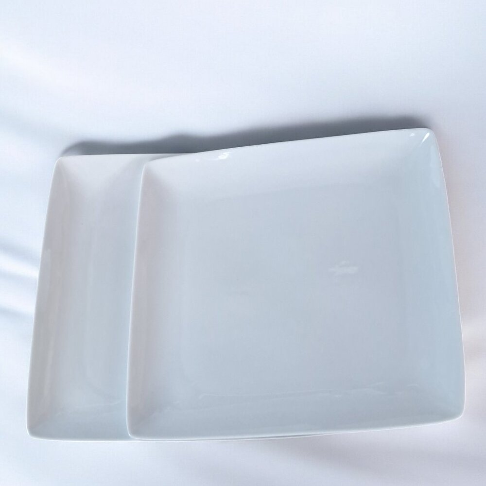 Set of Two  Over and Back “Maison " WHITE PORCELAIN 10.5” SQUARE DINNER PLATES